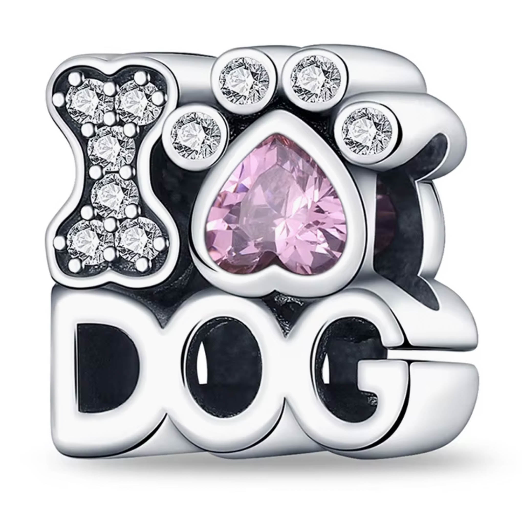 Dije con chapa de plata tipo charm I love dog con zirconia rosa de plata mexicana